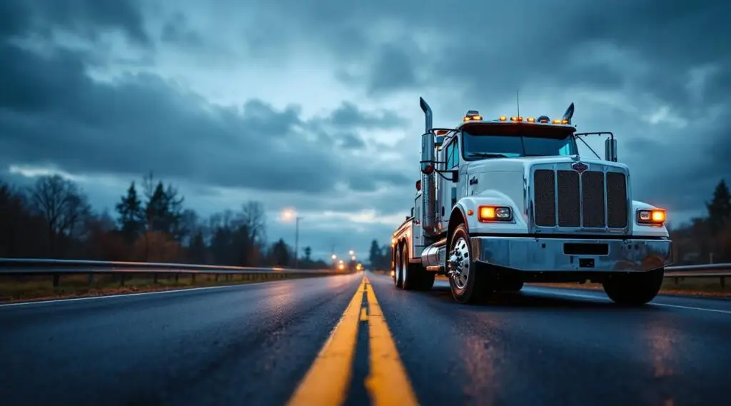 Sifu's Towing flatbed truck assisting a stranded car on a snowy Guelph road at dusk, emergency lights flashing, with a tow operator standing by.