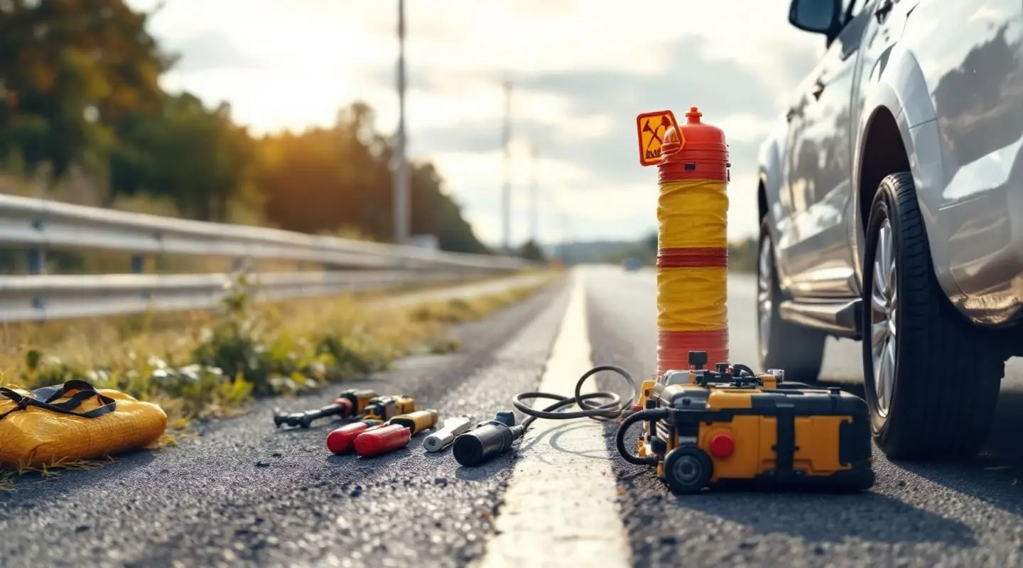 A professional Sifu's Towing technician using a floor jack to change a flat tire on a busy Guelph roadside at dusk.
